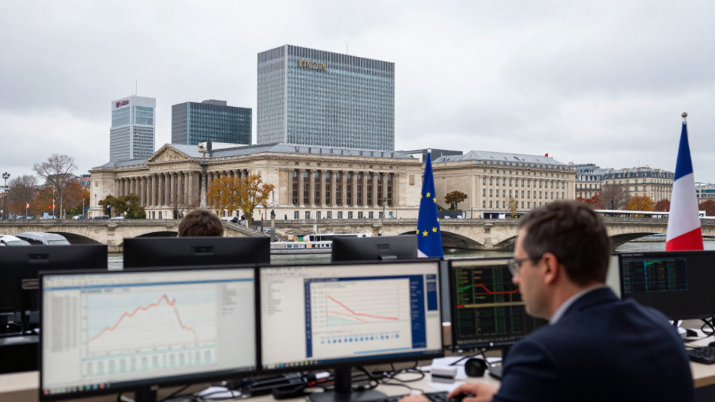 Financial trader monitoring European bond yields with the Paris skyline in the background.