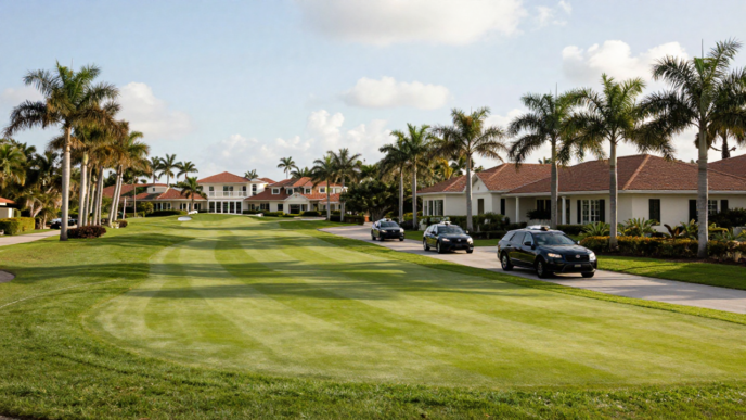A motorcade approaches the clubhouse at a West Palm Beach golf course surrounded by manicured greens and palm trees.