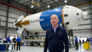 Jeff Bezos inside a Blue Origin rocket facility with a New Glenn rocket stage in the background.