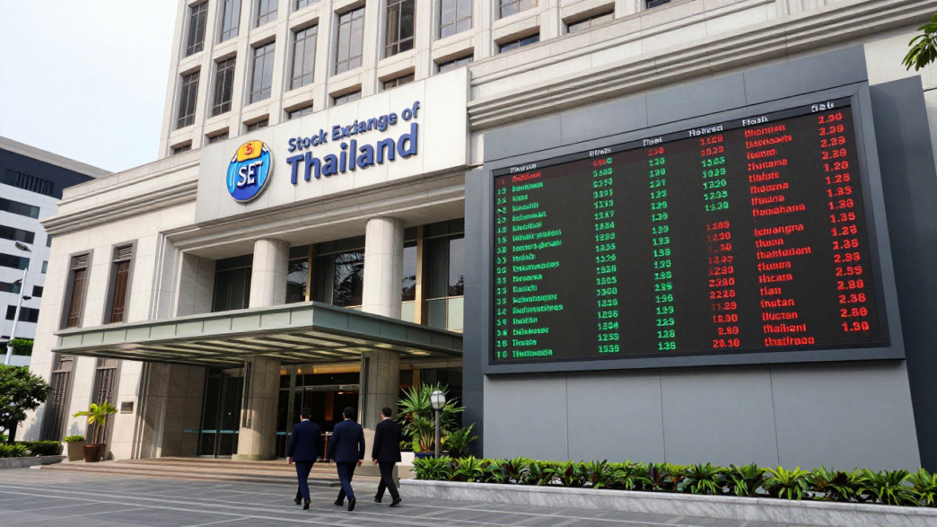 The Stock Exchange of Thailand building in Bangkok beside an electronic market board.