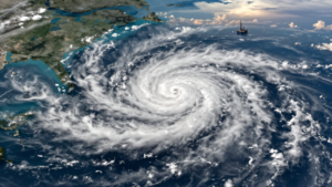 Developing tropical storm clouds over the Gulf of Mexico near offshore oil platforms and the northern Gulf Coast