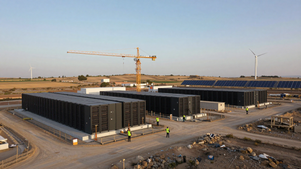 Data-center construction site with workers and cranes in Aragón, Spain