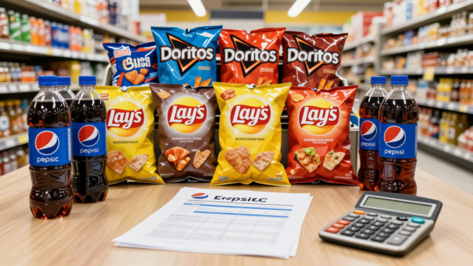 PepsiCo snack bags and beverages displayed in a supermarket aisle