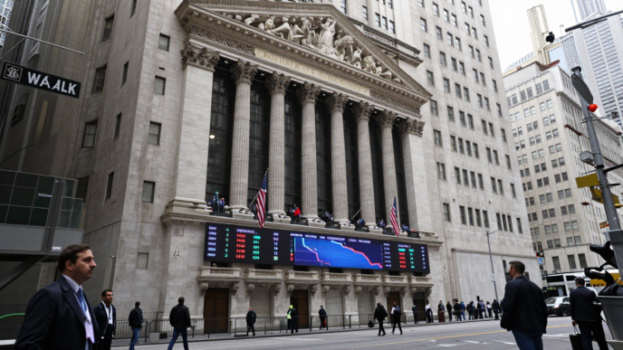 The New York Stock Exchange on Wall Street as rising bond yields pressure markets.