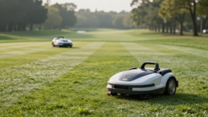 Autonomous electric mower working across a golf-course fairway