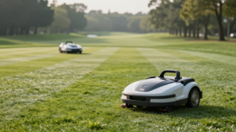 Autonomous electric mower working across a golf-course fairway