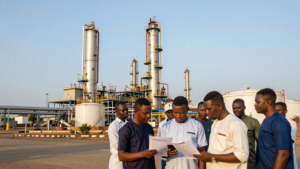 Retail investors review share-offer documents with the Dangote refinery complex in the background.