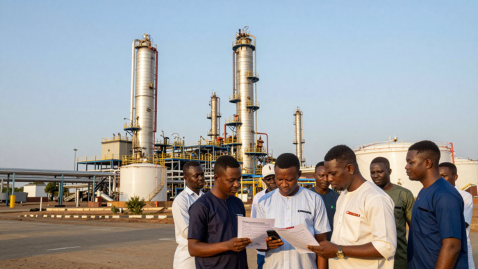 Retail investors review share-offer documents with the Dangote refinery complex in the background.