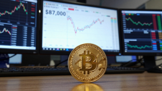 Bitcoin coin beside market screens showing a price chart near $87,000.