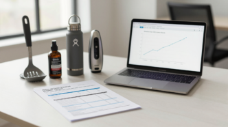 Consumer products beside an earnings report and laptop showing an upward stock chart.