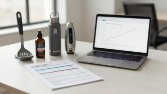 Consumer products beside an earnings report and laptop showing an upward stock chart.
