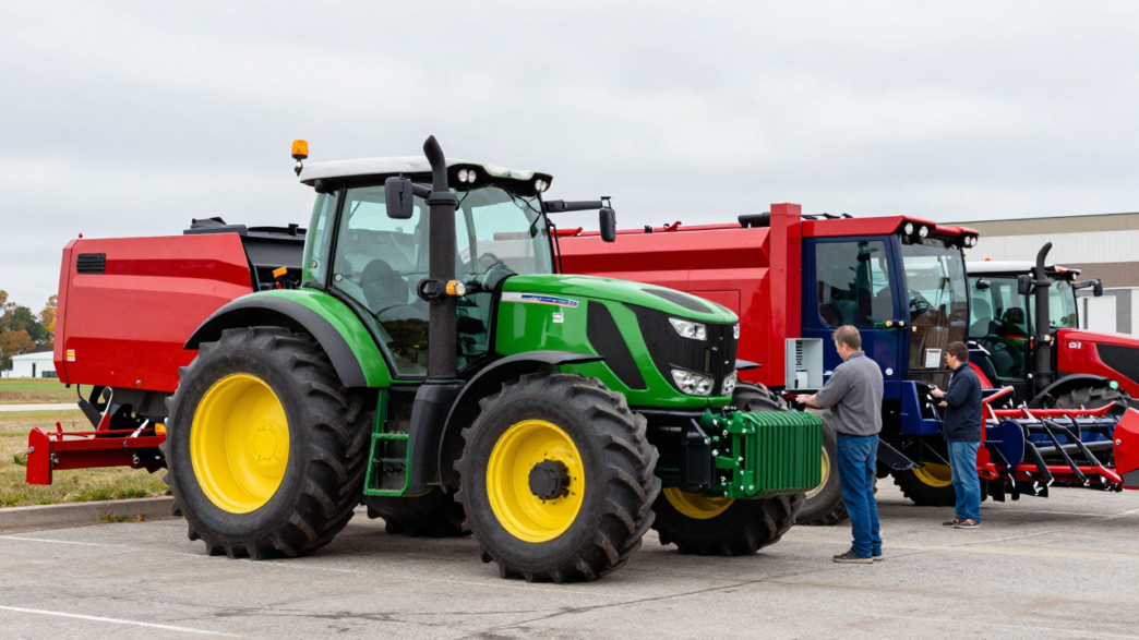 Farmer and mechanic inspect a tractor beside other farm machinery at a dealership.