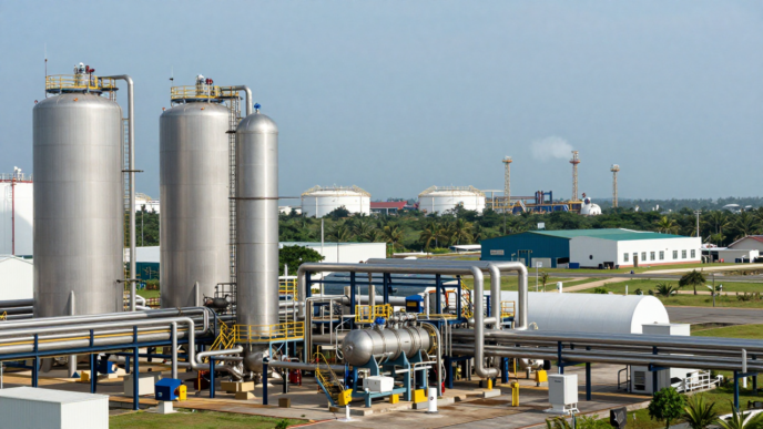 Industrial gas processing equipment and storage tanks at an LNG terminal in Johor, Malaysia.