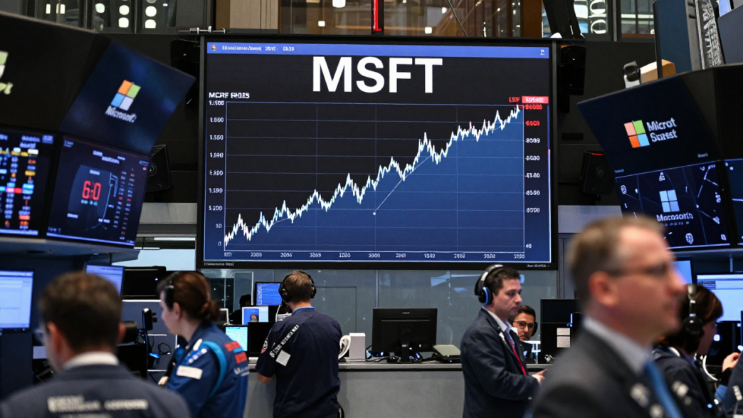 Trading floor display showing Microsoft shares rising toward a marked record-high level.