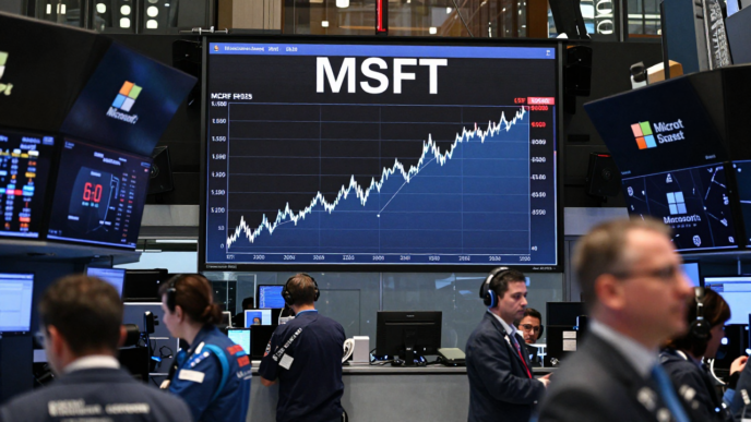 Trading floor display showing Microsoft shares rising toward a marked record-high level.