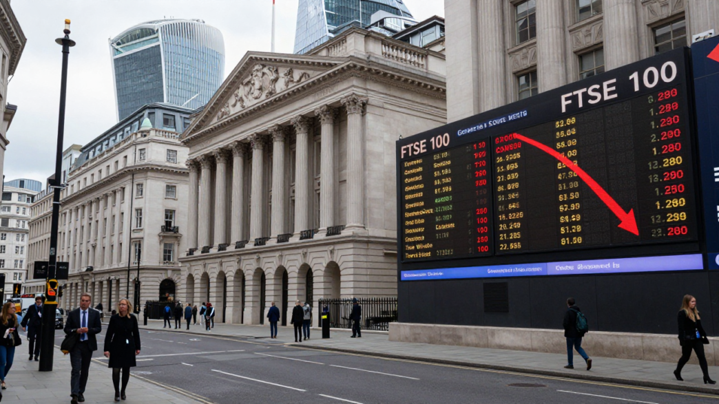 London financial district with a market display showing the FTSE 100 lower.