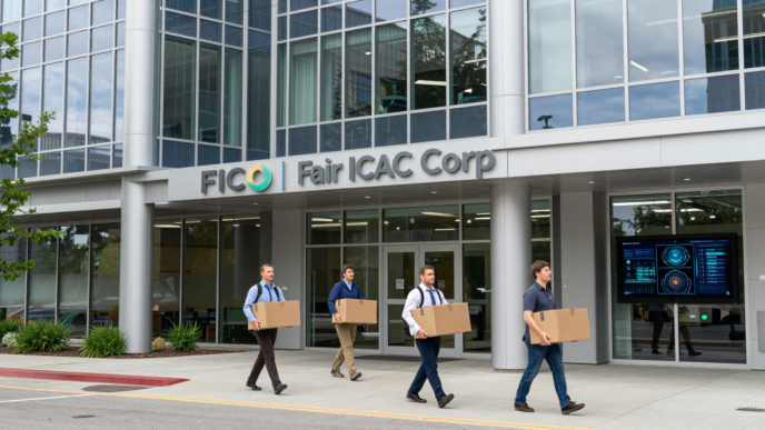Employees walk outside a FICO office building as the company announces workforce reductions.