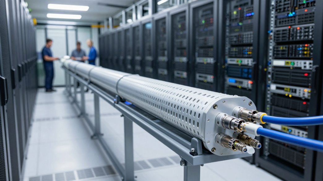 Superconducting power cable equipment installed beside server racks in a data-center power room.