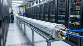 Superconducting power cable equipment installed beside server racks in a data-center power room.