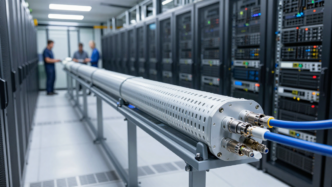 Superconducting power cable equipment installed beside server racks in a data-center power room.