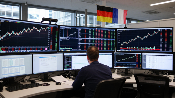 Trader monitors European bond-market data on screens in a financial dealing room.