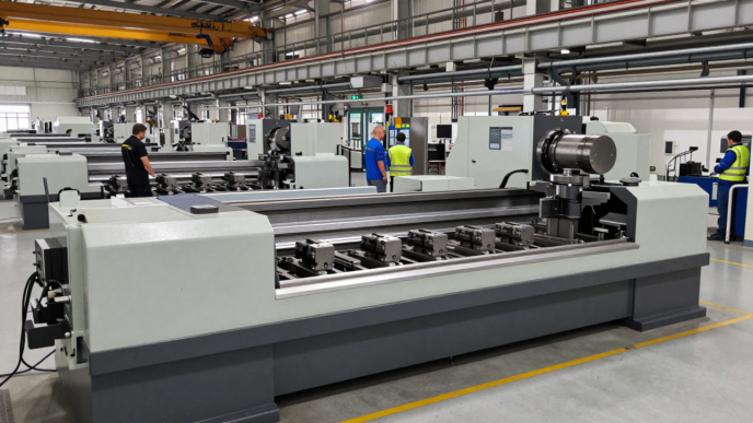 Workers inspect industrial machinery on a German factory floor.