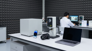 Electronics testing equipment and consumer devices inside a laboratory.