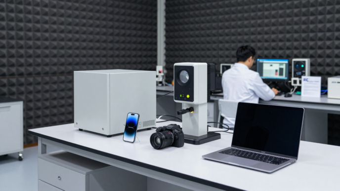 Electronics testing equipment and consumer devices inside a laboratory.