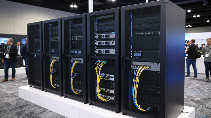 AI data-center racks with fiber-optic cabling and power distribution hardware at a technology summit.