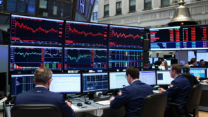 Market screens showing falling U.S. stock futures alongside rising Treasury yields and oil prices.