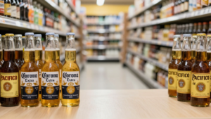 Corona and Modelo beer bottles displayed in a grocery beverage aisle.