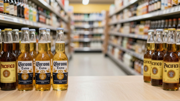 Corona and Modelo beer bottles displayed in a grocery beverage aisle.