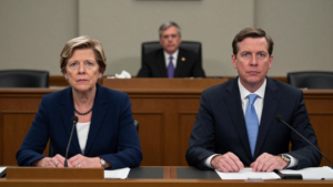 Elizabeth Warren and FHFA Director Bill Pulte in congressional hearing settings.