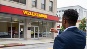 A prospective homeowner outside a Wells Fargo branch, with a government building in the background.