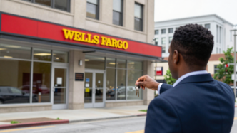 A prospective homeowner outside a Wells Fargo branch, with a government building in the background.