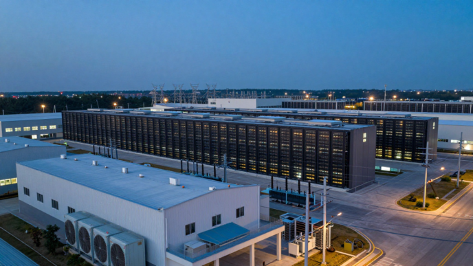 A data center campus connected to electrical grid infrastructure at dusk
