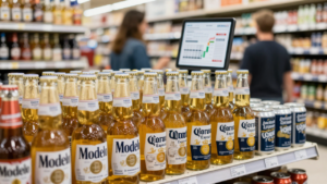 Beer bottles and cans displayed on a grocery store shelf