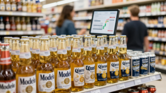 Beer bottles and cans displayed on a grocery store shelf