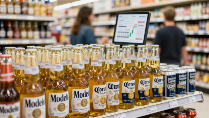 Beer bottles and cans displayed on a grocery store shelf