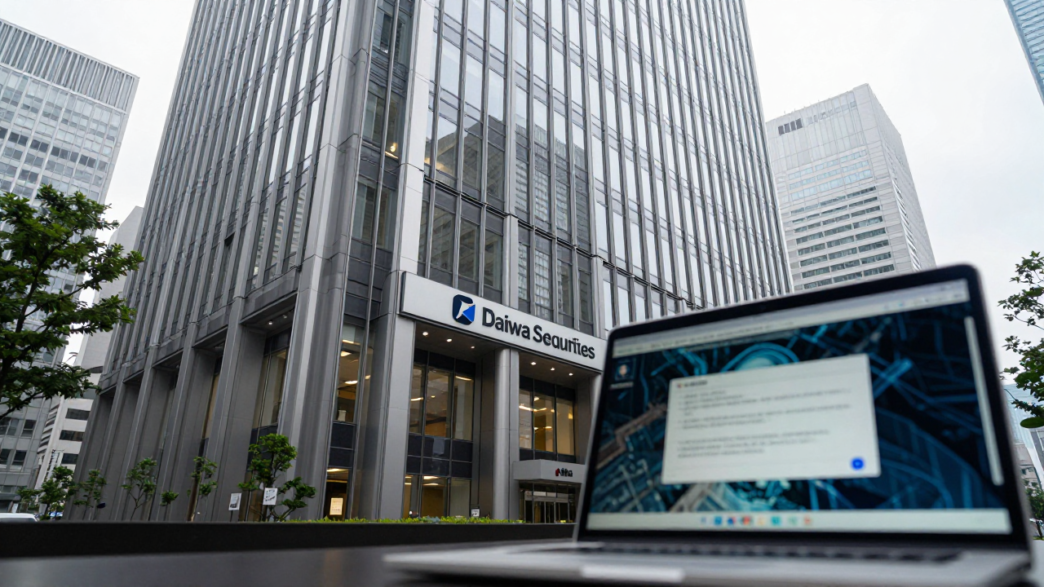 Daiwa Securities office building in Tokyo with a laptop showing a cybersecurity alert