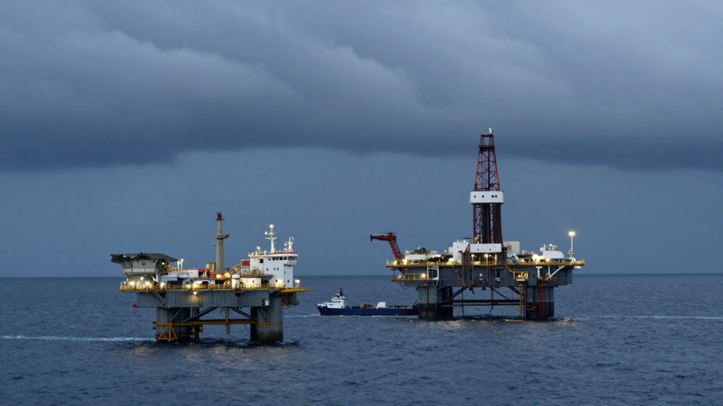 Offshore oil platforms in the Gulf of Mexico beneath storm clouds ahead of Tropical Storm Isaias.
