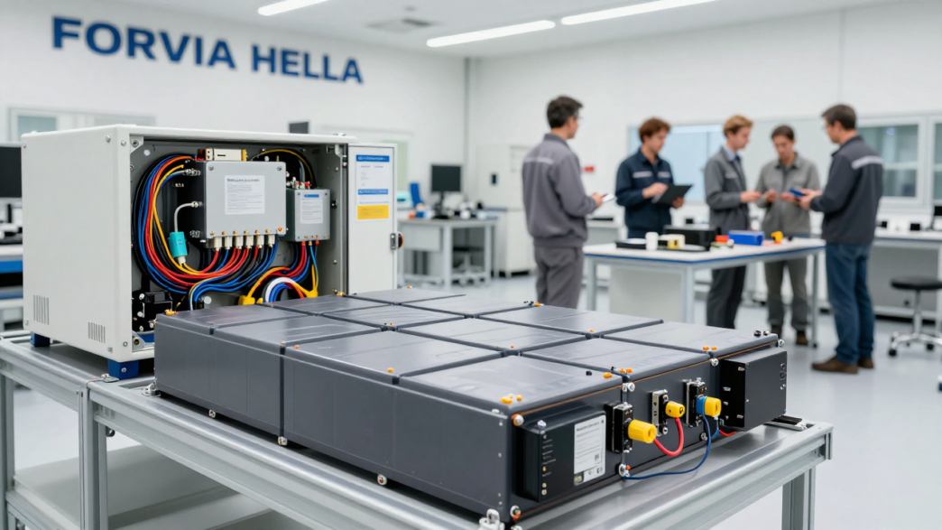 Automotive engineers inspect battery-management electronics and a 48-volt PowerPack in a vehicle technology lab.