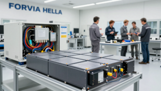 Automotive engineers inspect battery-management electronics and a 48-volt PowerPack in a vehicle technology lab.
