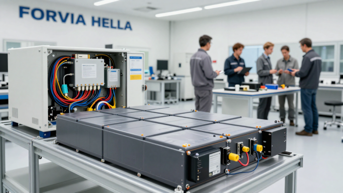 Automotive engineers inspect battery-management electronics and a 48-volt PowerPack in a vehicle technology lab.