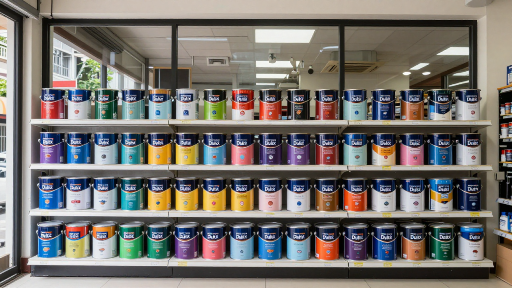 Paint cans in a Southeast Asian retail setting representing the reported AkzoNobel–Nippon Paint sale talks.