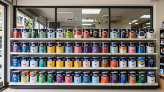 Paint cans in a Southeast Asian retail setting representing the reported AkzoNobel–Nippon Paint sale talks.