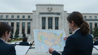 A banking regulator reviews a map divided into regions in front of the Federal Reserve building.