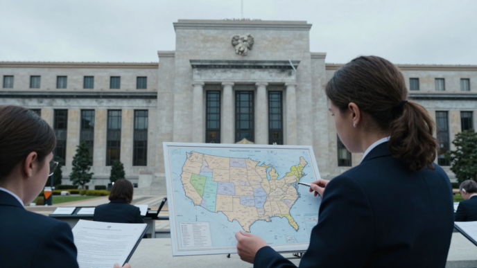 A banking regulator reviews a map divided into regions in front of the Federal Reserve building.