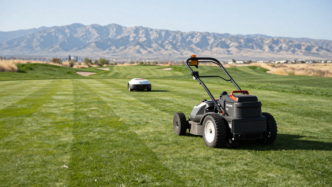 An autonomous electric mower cutting a golf-course fairway with a robotic turf harvester in the distance.