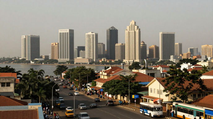 Lagos business district skyline above a busy city street.